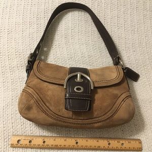 Coach tan suede purse with brown buckle trim